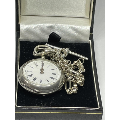 544 - A LADIES SILVER FOB WATCH AND CHAIN WITH A PRESENTATION BOX