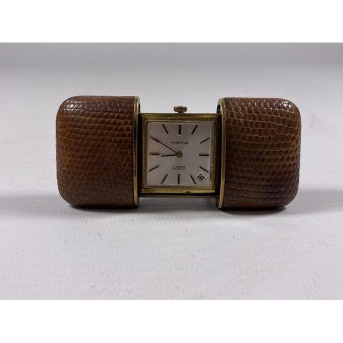 740 - A VINTAGE MAPPIN LIZARD SKIN TRAVEL CLOCK WITH DATE