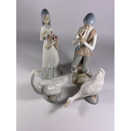 781 - A GROUP OF FOUR ITEMS TO INCLUDE TWO NAO GEESE AND TWO LLADRO STYLE FIGURES