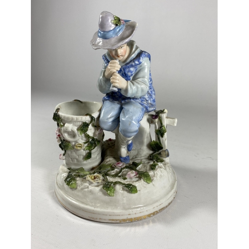 783 - A CONTINENTAL PORCELAIN FIGURE OF A FLUTE PLAYER, BLUE SIGNED MARK TO BASE