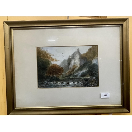 829 - A FRAMED WATERCOLOUR OF A MOUNTAIN AND LAKE SCENE, SIGNED TO BOTTOM RIGHT 54CM X 41CM