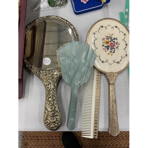 866 - A SILVER PLATED HAND MIRROR, A PETIT POINT BACKED MIRROR, ART DECO STYLE BRUSH, ETC