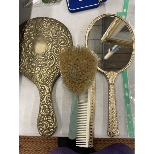 866 - A SILVER PLATED HAND MIRROR, A PETIT POINT BACKED MIRROR, ART DECO STYLE BRUSH, ETC