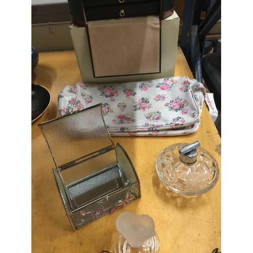 887 - AN AS NEW BOXED JEWELLERY BOX, CATH KIDSTON TOILET BAG, SCENT BOTTLES, ETC