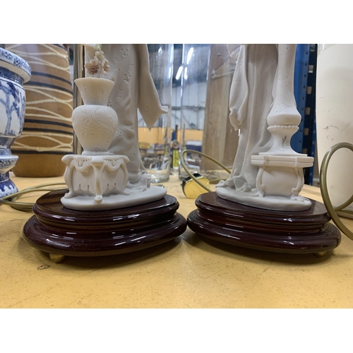 898 - A PAIR OF LAMP BASES WITH ORIENTAL LADIES ON THE BASE