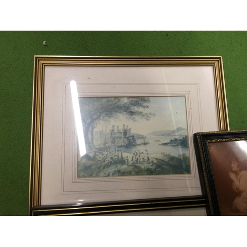 1027 - THREE VINTAGE FRAMED PRINTS TO INCLUDE 'MAILCOACH', A CASTLE SCENE AND A YOUNG GIRL IN PRAYER