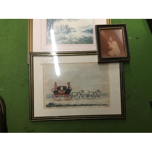 1027 - THREE VINTAGE FRAMED PRINTS TO INCLUDE 'MAILCOACH', A CASTLE SCENE AND A YOUNG GIRL IN PRAYER