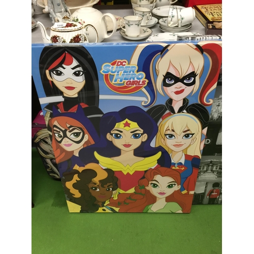 1068 - THREE LARGE CANVAS PRINTS - DC SUPER HERO GIRLS, LONDON LANDMARKS AND 'THE BEST THINGS IN LIFE ARE F... 