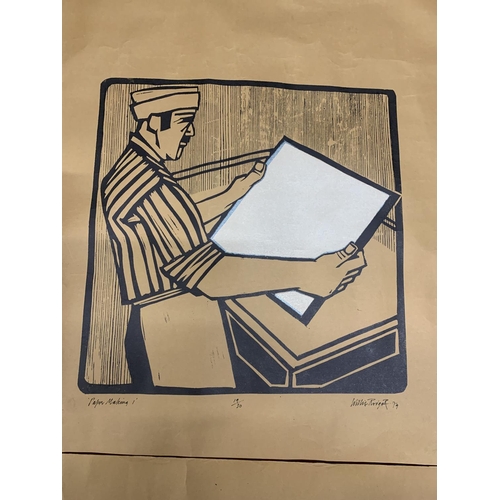 1148 - A PAIR OF LIMITED EDITION SIGNED WILLIE RODGERS WOODCUT PRINTS TITLED 'PAPER MAKING 1' AND PAPER MAK... 