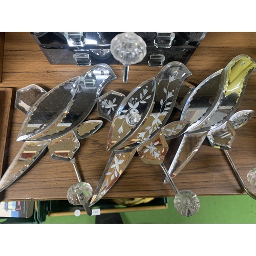 1174 - FOUR MIRRORED ANIMAL THEMED COAT HOOKS, GLASS BOXES, ETC