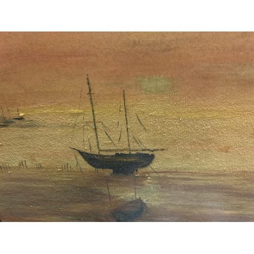 1186 - AN OIL ON BOARD OF A BOAT SCENE IN WOODEN FRAME