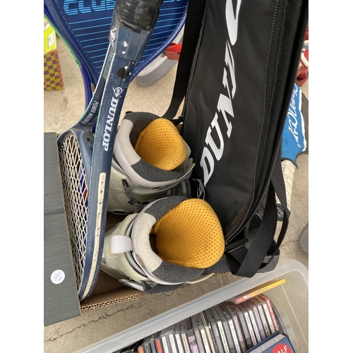 1540 - AN ASSORTMENT OF SPORTS RACKETS AND A GOLF TROLLEY ETC