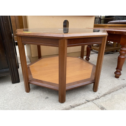 2419 - A RETRO TEAK OCTAGONAL TWO TIER COCFFEE TABLE WITH INSET GLASS TOP, 29