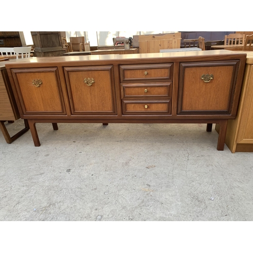 2498 - A RETRO TEAK SIDEBOARD WITH THREE CUPBOARDS AND THREE DRAWERS WITH BRASS HANDLES, ON OPEN BASE, 72