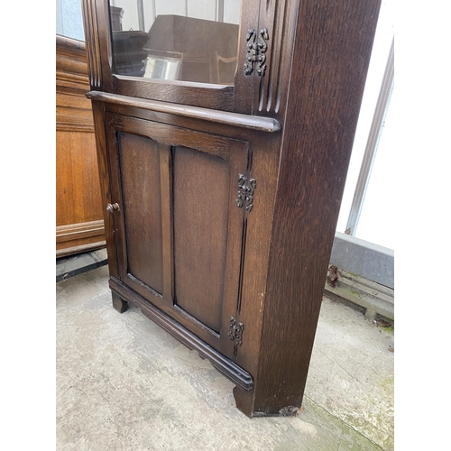 2502 - A MODERN OAK GLAZED CORNER CUPBOARD WITH CUPBOARD TO THE BASE