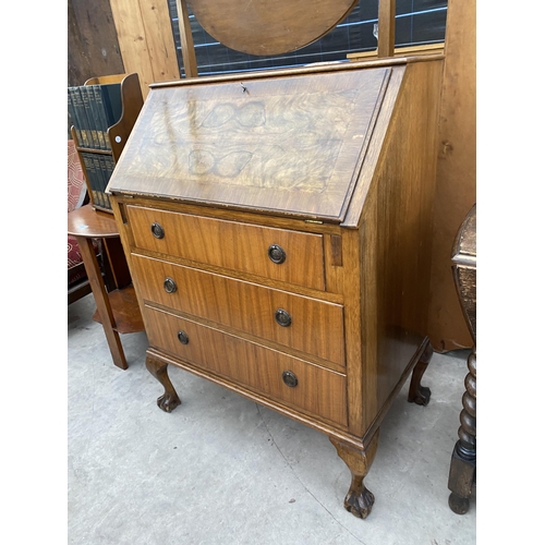 2635 - A MID 20TH CENTURY WALNUT BUREAU ON CABRIOLE LEGS, WITH BALL AND CLAW FEET, 30