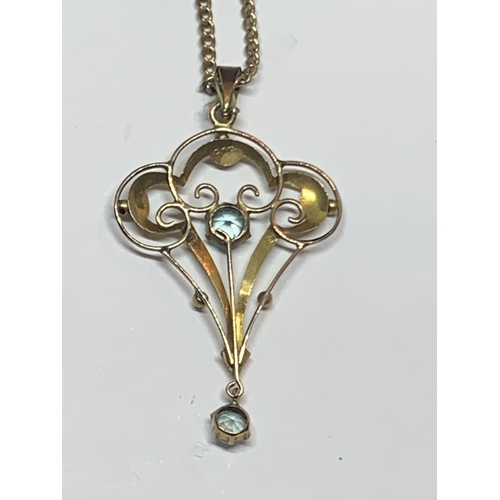 550 - AN ART NOUVEAU 9CT YELLOW GOLD PENDANT WITH AQUAMARINE STONES, WEIGHT OF GOLD PENDANT APPROXIMATELY ... 