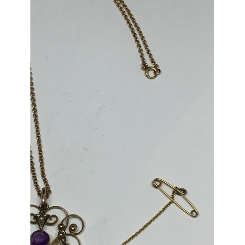 551 - A 9CT YELLOW GOLD EDWARDIAN AMETHYST AND SEED PEARL PENDANT NECKLACE, TOTAL WEIGHT 5.48G