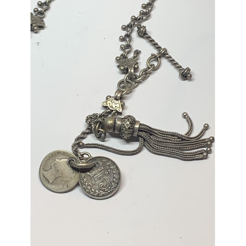 564 - A VINTAGE HALLMARKED SILVER FARRINGDON LADIES POCKET WATCH WITH ATTACHED ALBERT CHAIN AND PENDANTS T... 