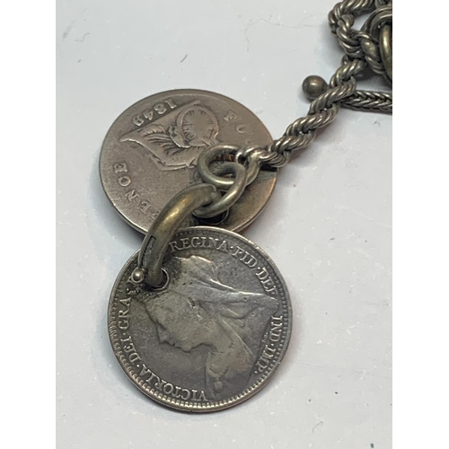 564 - A VINTAGE HALLMARKED SILVER FARRINGDON LADIES POCKET WATCH WITH ATTACHED ALBERT CHAIN AND PENDANTS T... 