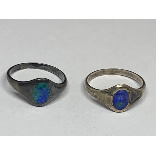 548 - TWO ART NOUVEAU HALLMARKED SILVER AND BLUE ENAMEL SIGNET RINGS