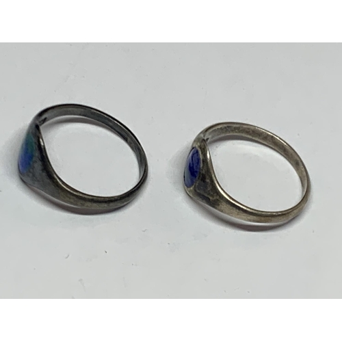 548 - TWO ART NOUVEAU HALLMARKED SILVER AND BLUE ENAMEL SIGNET RINGS