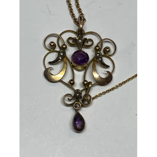 551 - A 9CT YELLOW GOLD EDWARDIAN AMETHYST AND SEED PEARL PENDANT NECKLACE, TOTAL WEIGHT 5.48G