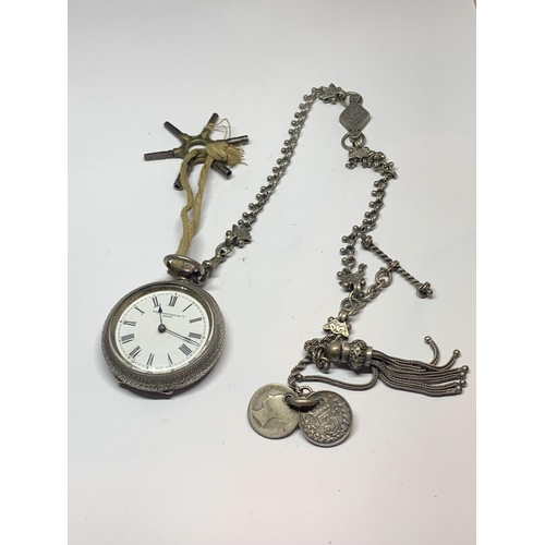 564 - A VINTAGE HALLMARKED SILVER FARRINGDON LADIES POCKET WATCH WITH ATTACHED ALBERT CHAIN AND PENDANTS T... 