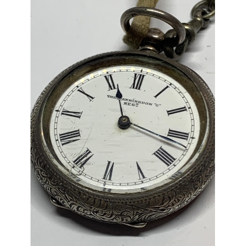 564 - A VINTAGE HALLMARKED SILVER FARRINGDON LADIES POCKET WATCH WITH ATTACHED ALBERT CHAIN AND PENDANTS T... 