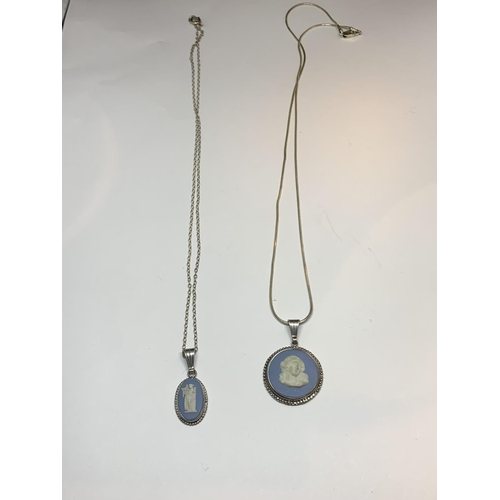 568 - TWO SILVER NECKLACES WITH WEDGEWOOD JASPERWARE PENDANTS