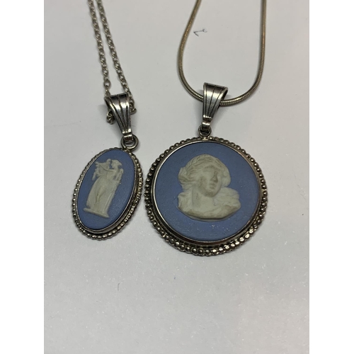 568 - TWO SILVER NECKLACES WITH WEDGEWOOD JASPERWARE PENDANTS