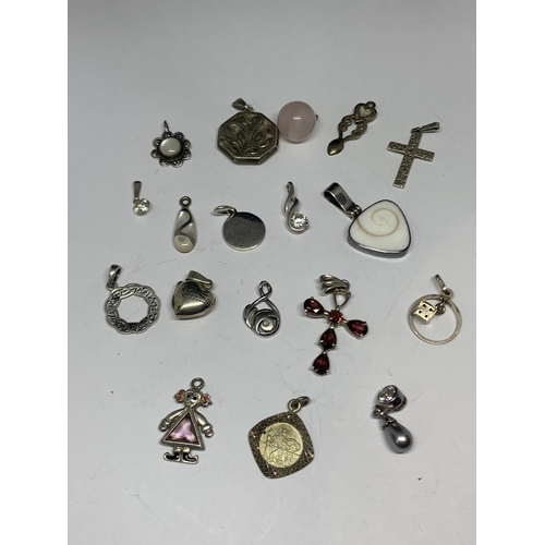 624 - EIGHTEEN VARIOUS SILVER PENDANTS