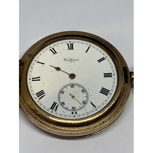 648 - A WALTHAM GOLD PLATED FULL HUNTER POCKET WATCH WITH YELLOW METAL CHAIN