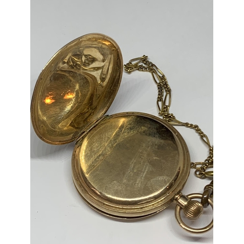 648 - A WALTHAM GOLD PLATED FULL HUNTER POCKET WATCH WITH YELLOW METAL CHAIN