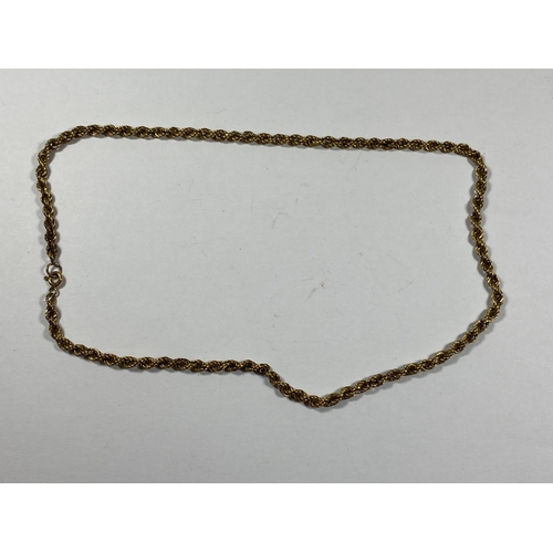 450 - A 9CT YELLOW GOLD ROPE CHAIN NECKLACE, WEIGHT 4.82G