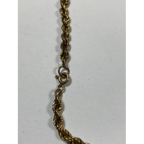 450 - A 9CT YELLOW GOLD ROPE CHAIN NECKLACE, WEIGHT 4.82G