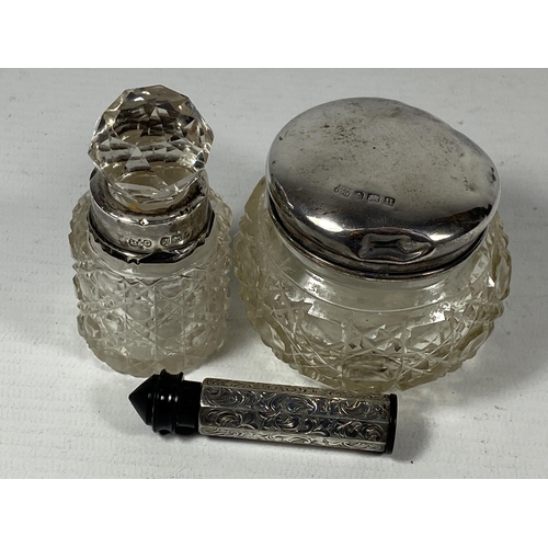 463 - THREE SILVER ITEMS - PERFUME BOTTLE, SILVER TOPPED JAR AND FURTHER PERFUME BOTTLE