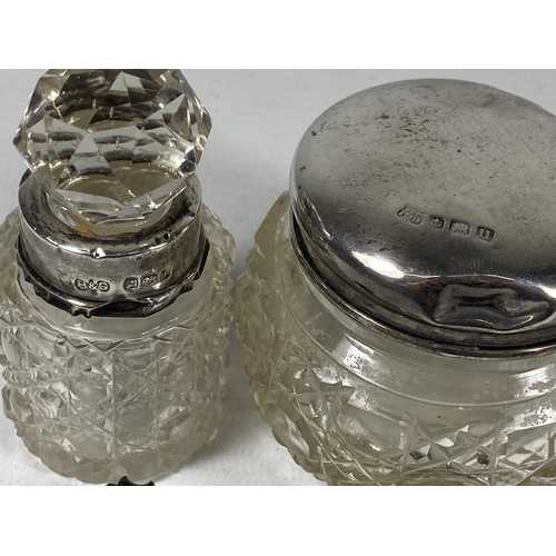 463 - THREE SILVER ITEMS - PERFUME BOTTLE, SILVER TOPPED JAR AND FURTHER PERFUME BOTTLE