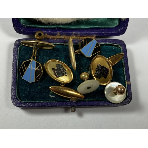 640 - TWO PAIRS OF VINTAGE ROLLED GOLD CUFFLINKS TOGETHER WITH TWO MOTHER OF PEARL STUDS, BOXED