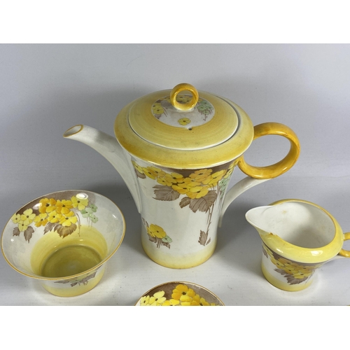 11 - A SHELLEY ART DECO 'PHLOX' PATTERN TEA SET COMPRISING TEAPOT, SUGAR BOWL, CREAM JUG AND SIX CUPS AND... 