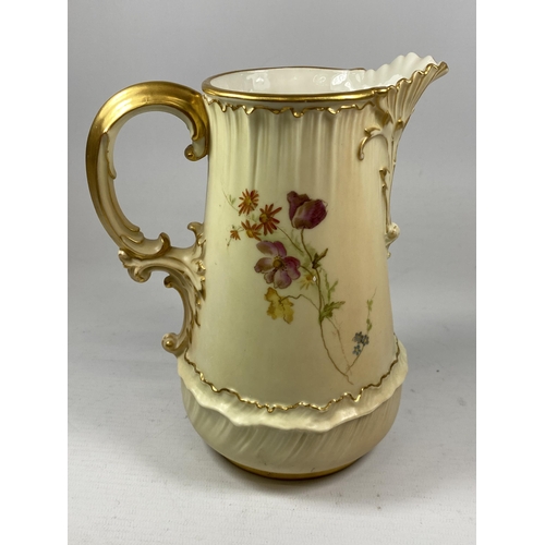 2 - A ROYAL WORCESTER BLUSH IVORY HAND PAINTED FLORAL JUG, HEIGHT 18.5CM