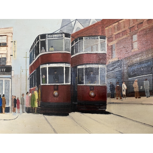 26 - A GILT FRAMED NORTHERN ART OIL PAINTING OF TRAMS, SIGNED AND DATED H.LEE, 1976, 32 X 42CM