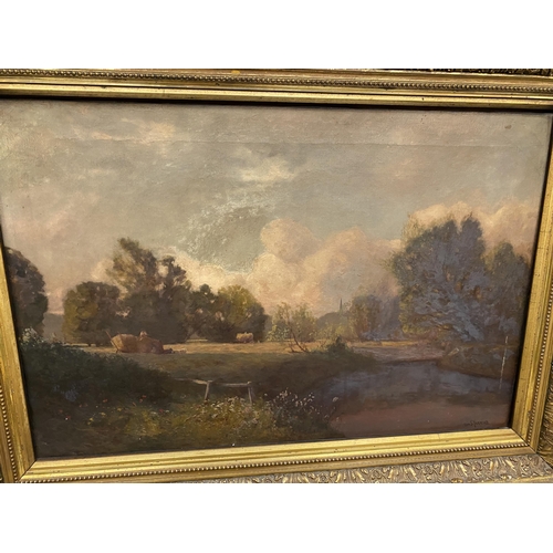 39 - A TOM.J.YARWOOD LARGE GILT FRAMED OIL ON CANVAS PAINTING OF A FARMING SCENE, SIGNED LOWER RIGHT, 70 ... 