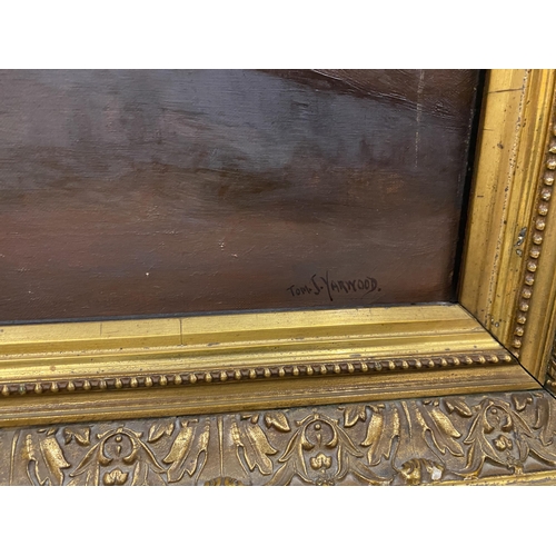 39 - A TOM.J.YARWOOD LARGE GILT FRAMED OIL ON CANVAS PAINTING OF A FARMING SCENE, SIGNED LOWER RIGHT, 70 ... 