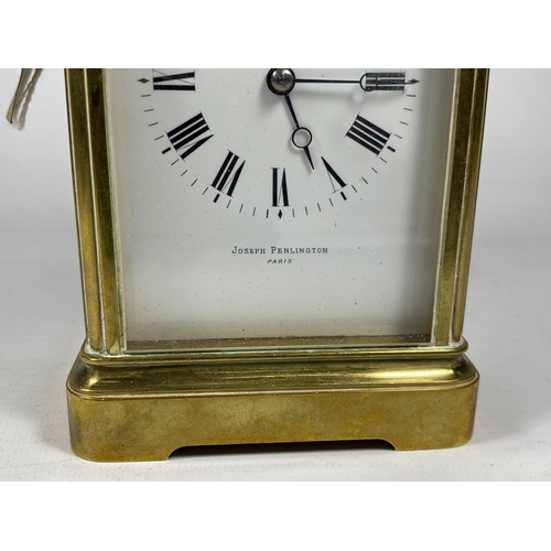 4 - A VINTAGE FRENCH BRASS CASED JOSEPH PENLINGTON, PARIS CARRIAGE CLOCK, HEIGHT 18CM