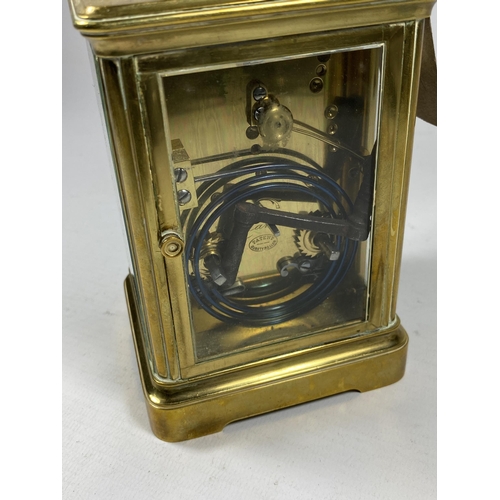 4 - A VINTAGE FRENCH BRASS CASED JOSEPH PENLINGTON, PARIS CARRIAGE CLOCK, HEIGHT 18CM