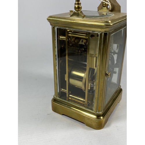 4 - A VINTAGE FRENCH BRASS CASED JOSEPH PENLINGTON, PARIS CARRIAGE CLOCK, HEIGHT 18CM