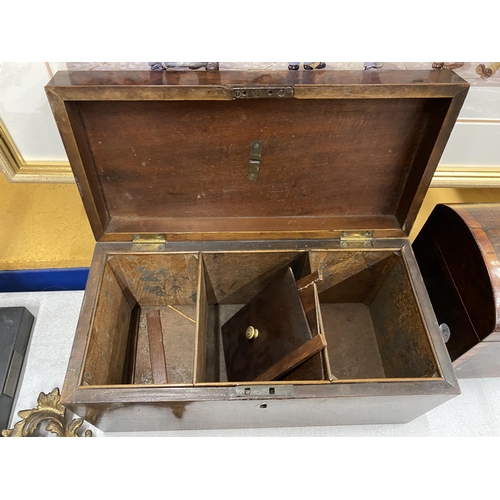 47 - A GEORGIAN MAHOGANY RECTANGULAR TEA CADDY WITH THREE INNER COMPARTMENTS