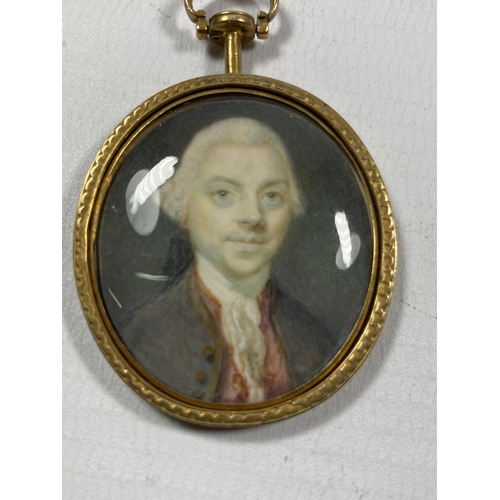 5 - AN ANTIQUE 18TH/19TH CENTURY HAND PAINTED PORTRAIT MINIATURE IN GILT FRAME, LENGTH 5.5CM