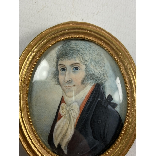 6 - AN 18TH/19TH CENTURY PORTRAIT MINIATURE IN GILT EASEL FRAME, LENGTH 7CM